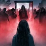 Rear view of a girl standing in red fog facing a crowd of eerie figures and ghosts emerging from an open red door in Insidious.