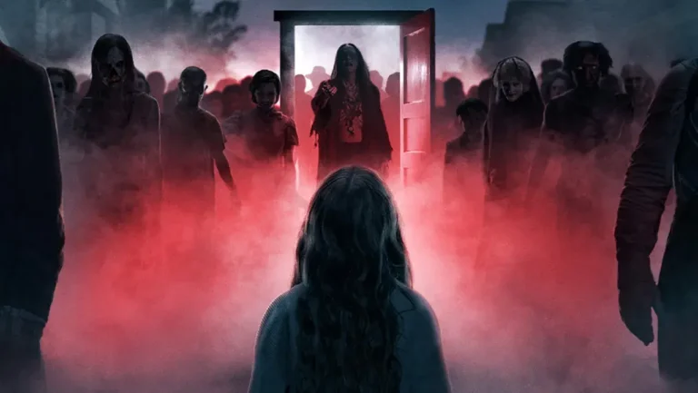 Rear view of a girl standing in red fog facing a crowd of eerie figures and ghosts emerging from an open red door in Insidious.