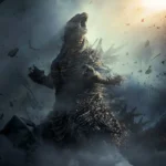 Godzilla roaring amidst swirling dust and debris, styled from promotional artwork for the kaiju film Godzilla Minus One
