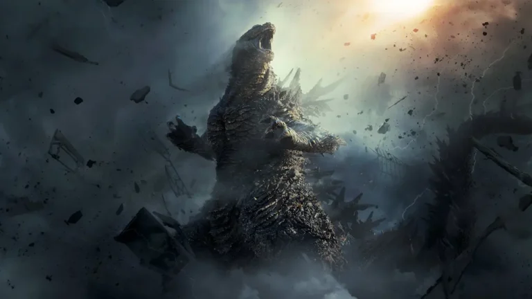 Godzilla roaring amidst swirling dust and debris, styled from promotional artwork for the kaiju film Godzilla Minus One