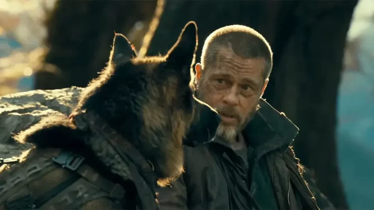 Brad Pitt alongside a German Shepherd in the survival drama film Heart of the Beast