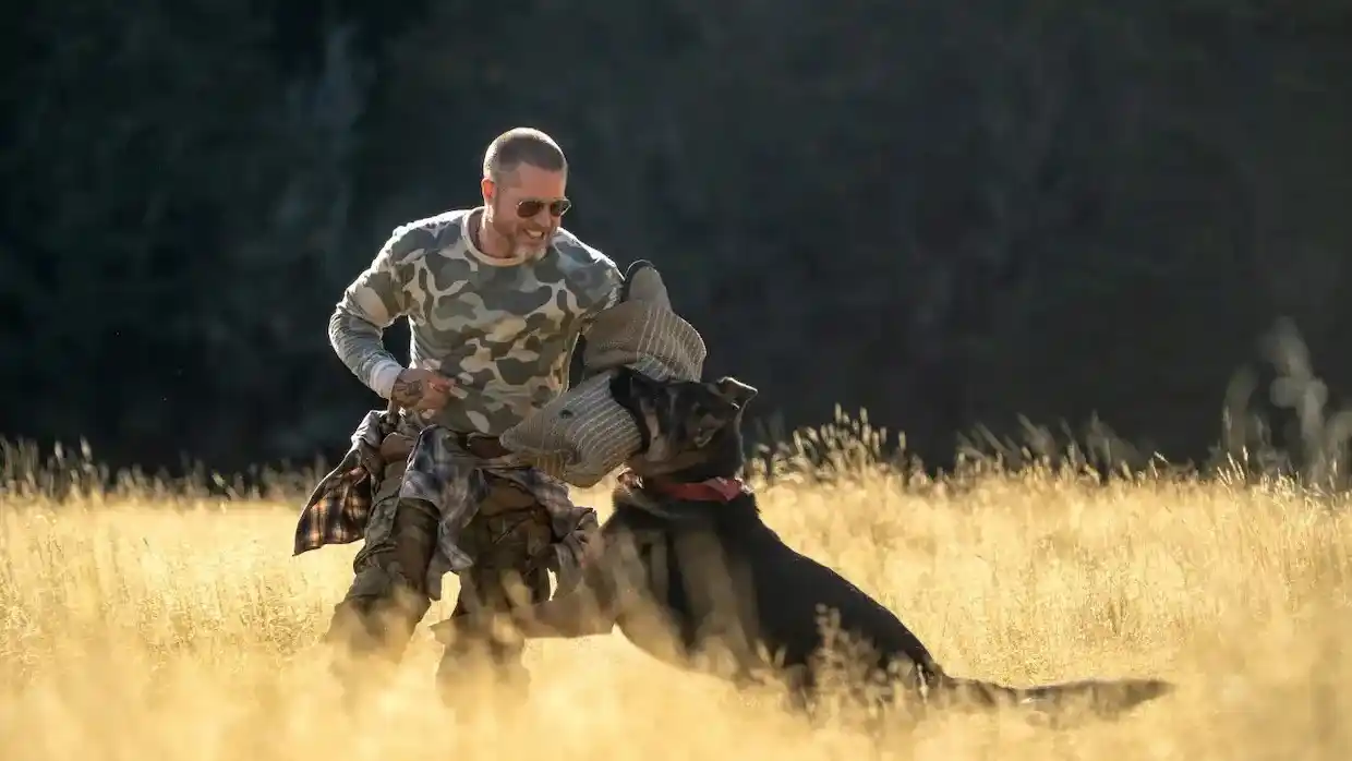 Brad Pitt with a German Shepherd in Heart of the Beast film