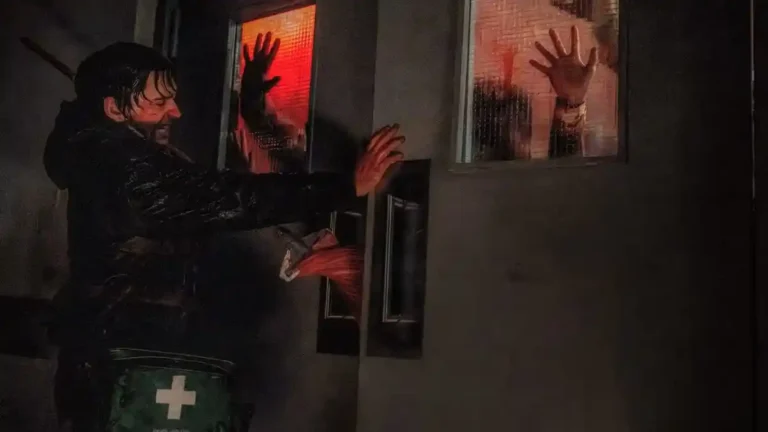 Actor Austin Abrams as Bryan, a medical courier, in the 2026 horror movie Resident Evil directed by Zach Cregger