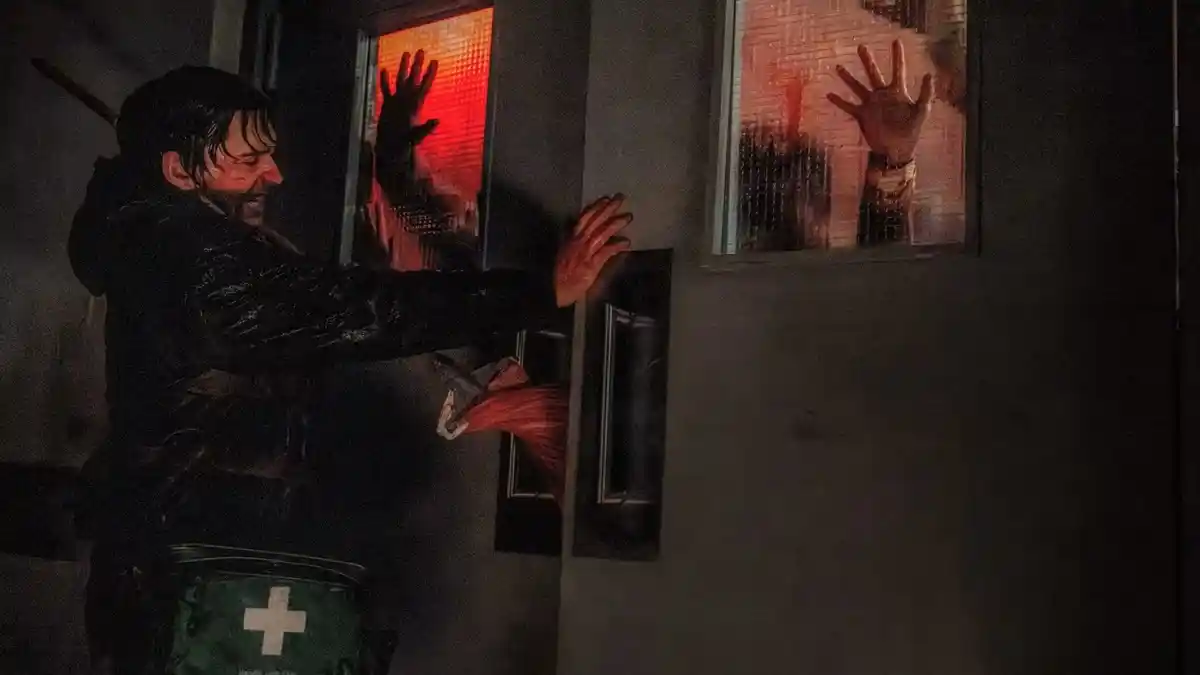 Actor Austin Abrams as Bryan, a medical courier, in the 2026 horror movie Resident Evil directed by Zach Cregger