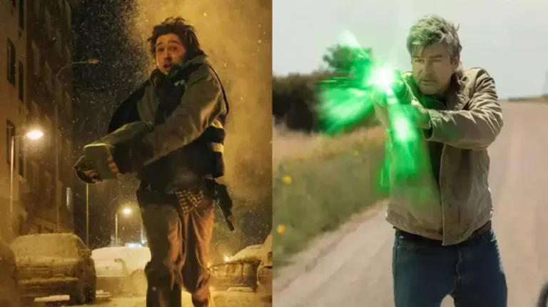 A split-screen image from Resident Evil 2026 film showing a man running through a snowy street at night on the left, and a man holding out his arm with a bright green energy blast on the right from HBO Lanterns series.