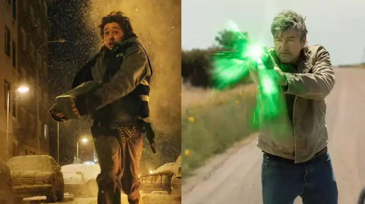 A split-screen image from Resident Evil 2026 film showing a man running through a snowy street at night on the left, and a man holding out his arm with a bright green energy blast on the right from HBO Lanterns series.