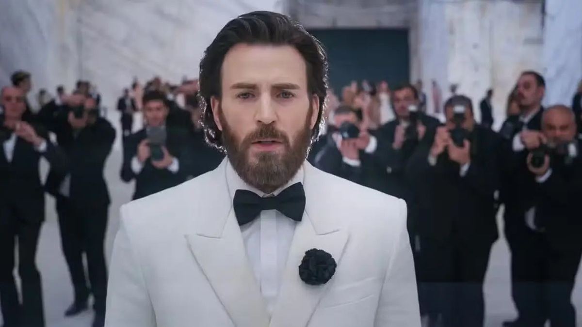 Actor Chris Evans appears in this scene as Mike Tyler in the 2025/2026 dark comedy film Sacrifice, directed by Romain Gavras
