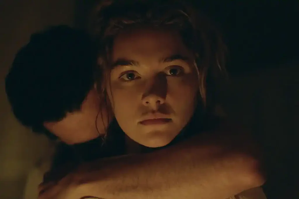 Florence Pugh as Cathy Ames alongside Christopher Abbott as Adam Trask in the 2026 Netflix historical drama limited series East of Eden.