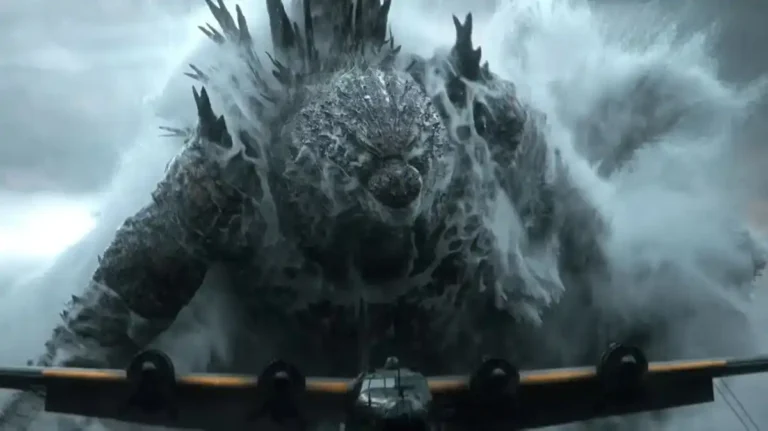 Godzilla rising from the ocean behind an airplane in a scene from the film Godzilla Minus Zero (2026), directed by Takashi Yamazaki