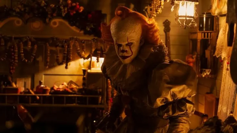 Bill Skarsgård as Pennywise the Dancing Clown from the horror series It: Welcome to Derry