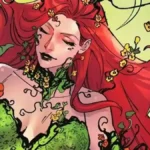 DC Comics character Poison Ivy (Pamela Isley) wrapped in green vines and flowers with long red hair