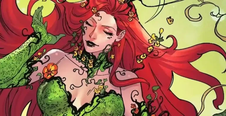 DC Comics character Poison Ivy (Pamela Isley) wrapped in green vines and flowers with long red hair