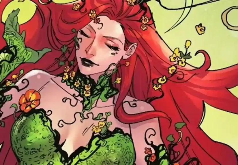 DC Comics character Poison Ivy (Pamela Isley) wrapped in green vines and flowers with long red hair