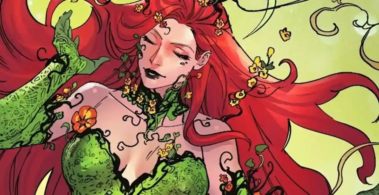 DC Comics character Poison Ivy (Pamela Isley) wrapped in green vines and flowers with long red hair