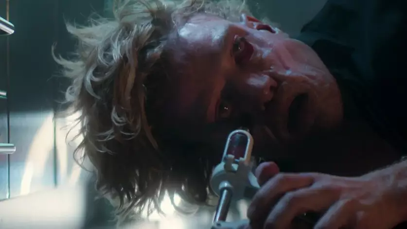 Tom Rhys Harries as Matt Hagen experiencing a physical transformation/injection scene in the 2026 DC film Clayface