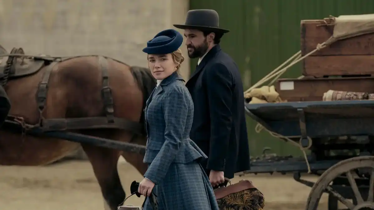 Florence Pugh as Cathy Ames and Christopher Abbott as Adam Trask in the Netflix period drama series East of Eden