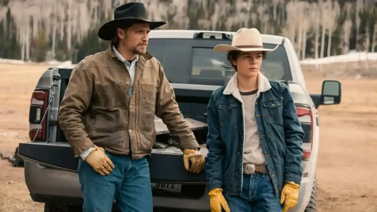 Luke Grimes as Kayce Dutton and Brecken Merrill as Tate Dutton from the western drama series Marshals, a spin-off of Yellowstone.