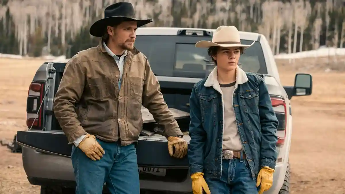 Luke Grimes as Kayce Dutton and Brecken Merrill as Tate Dutton from the western drama series Marshals, a spin-off of Yellowstone.