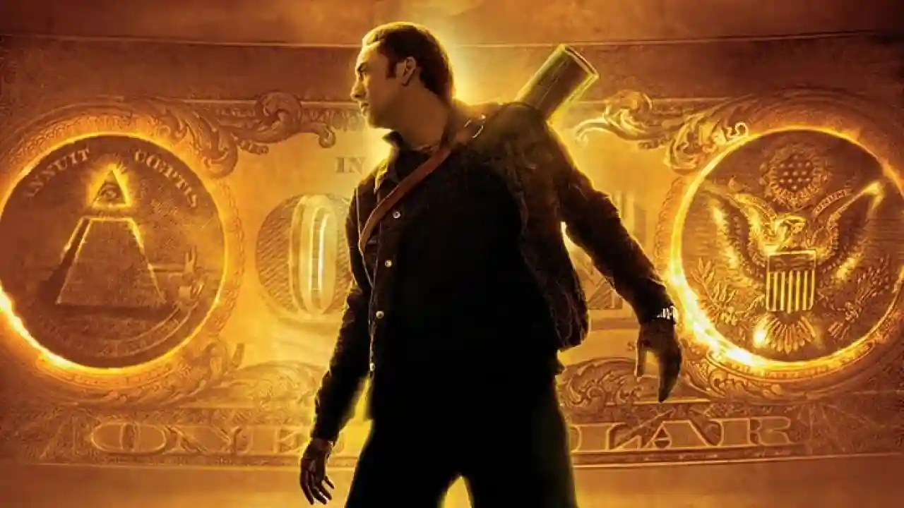 Nicolas Cage as Benjamin Franklin Gates from the National Treasure film series, standing against a golden background styled like a U.S. one-dollar bill