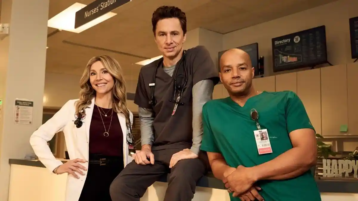 Cast members Sarah Chalke (Dr. Elliot Reid), Zach Braff (Dr. John "J.D." Dorian), and Donald Faison (Dr. Christopher Turk) from the Scrubs medical comedy television revival on ABC