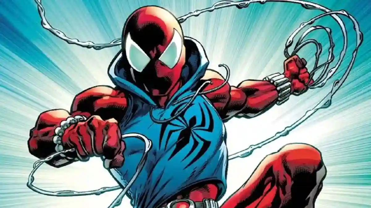 Scarlet Spider (Ben Reilly) is a genetic clone of Peter Parker who wears a red suit with a blue sleeveless hoodie.