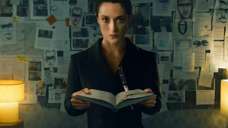 The image features German actress Friederike Becht as the reclusive novelist Lisa Konrad in the Netflix psychological thriller miniseries The Trap (Die Falle)